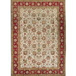 Persian Tabriz rug, full view with red border and beige medallion pattern