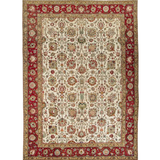 Persian Tabriz rug, full view with red border and beige medallion pattern