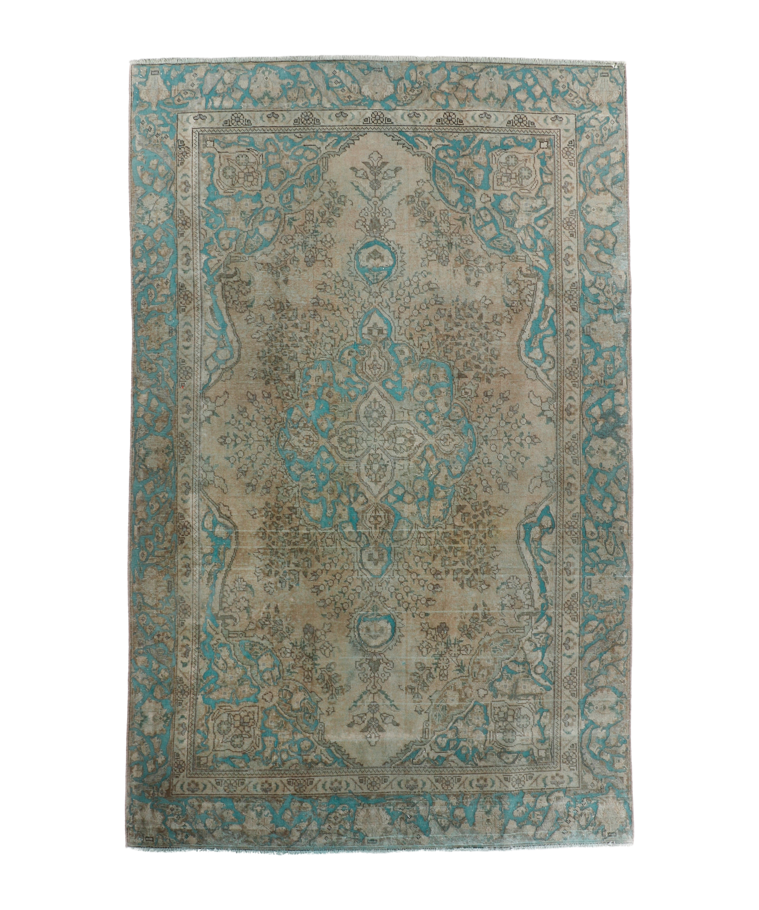 Persian Tabriz rug with beige center and teal border, ornate medallion pattern
