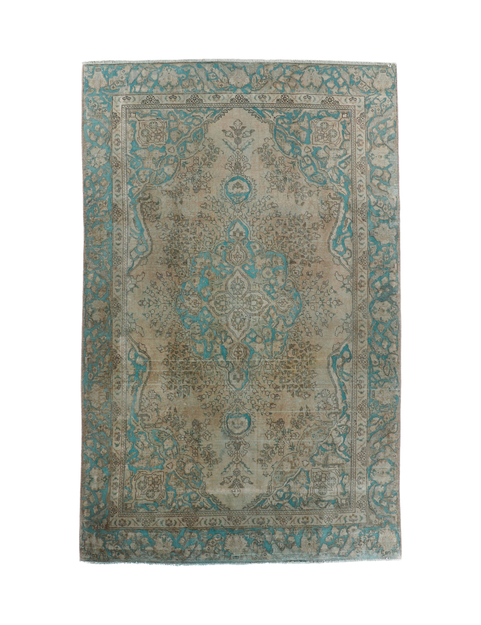 Persian Tabriz rug with beige center and teal border, ornate medallion pattern