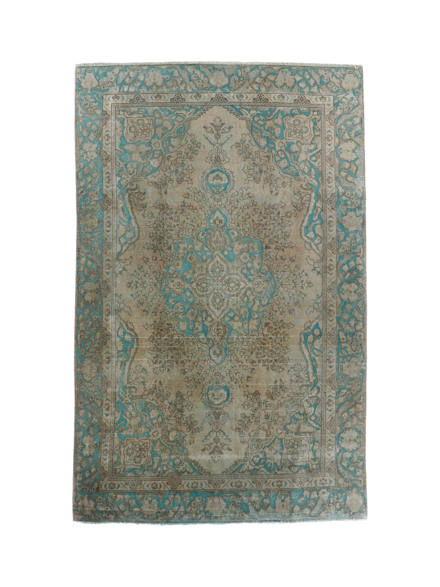 Persian Tabriz rug with beige center and teal border, ornate medallion pattern
