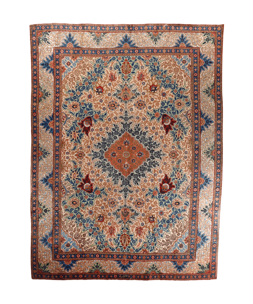 Persian Tabriz rug, symmetric floral medallion design in blue, teal, and rust tones