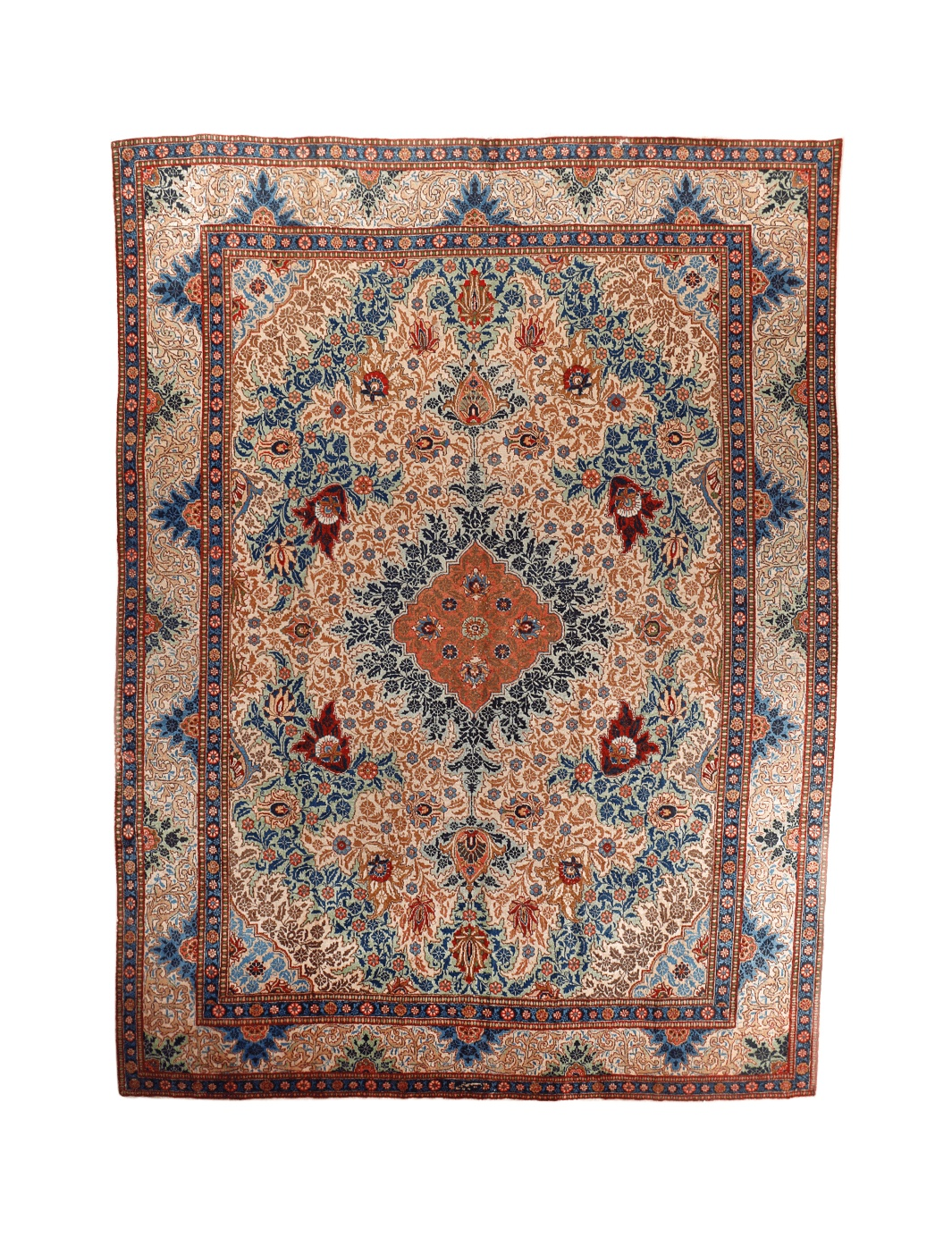 Persian Tabriz rug, symmetric floral medallion design in blue, teal, and rust tones