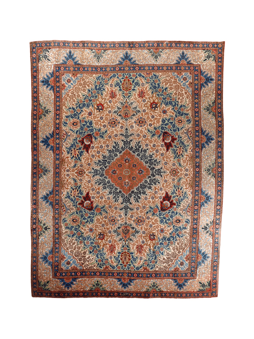 Persian Tabriz rug, symmetric floral medallion design in blue, teal, and rust tones