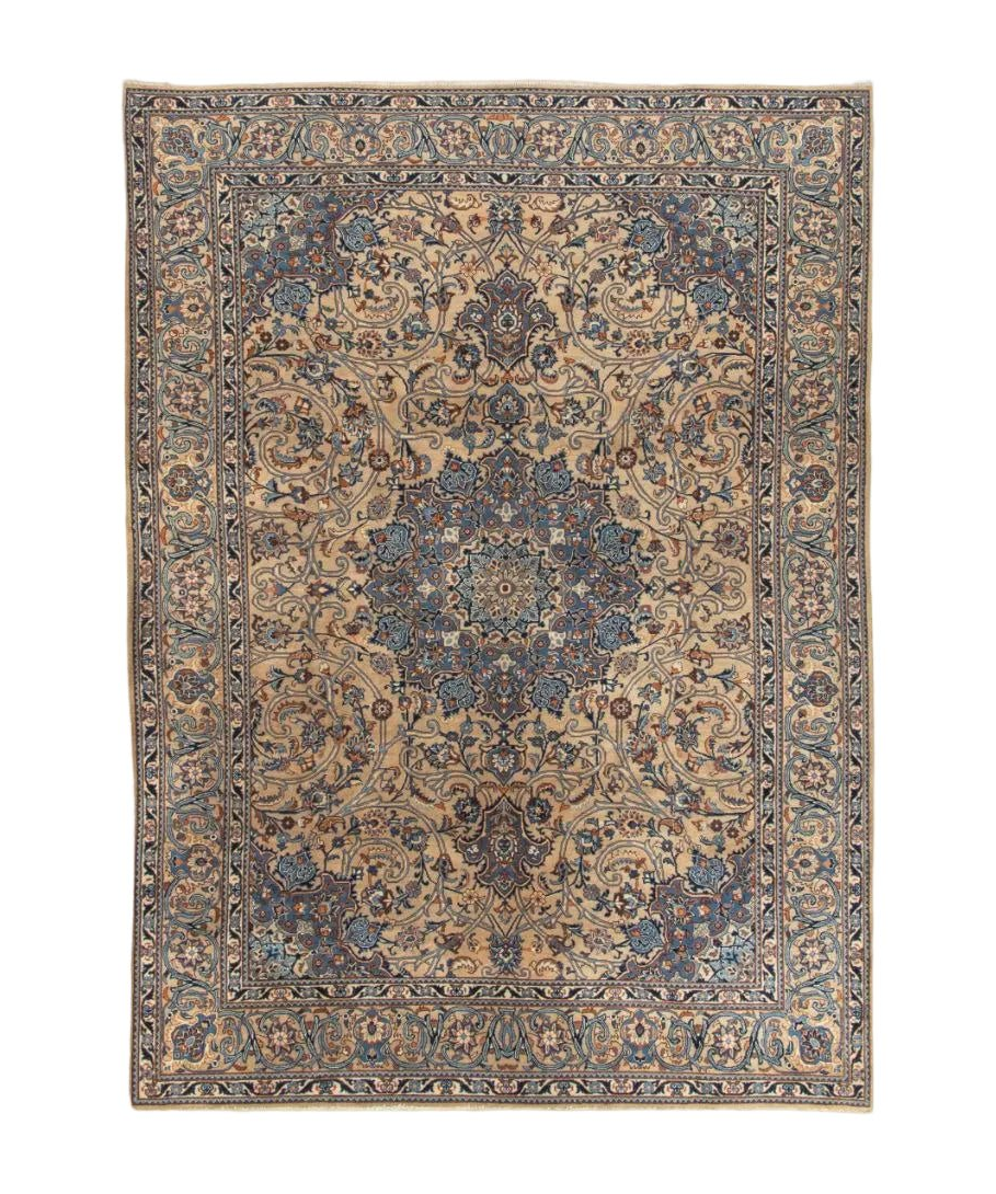 Full Persian-style rug in blue, beige, and orange with ornate central medallion border