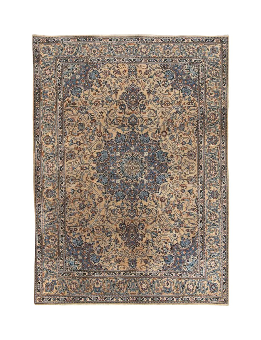 Full Persian-style rug in blue, beige, and orange with ornate central medallion border