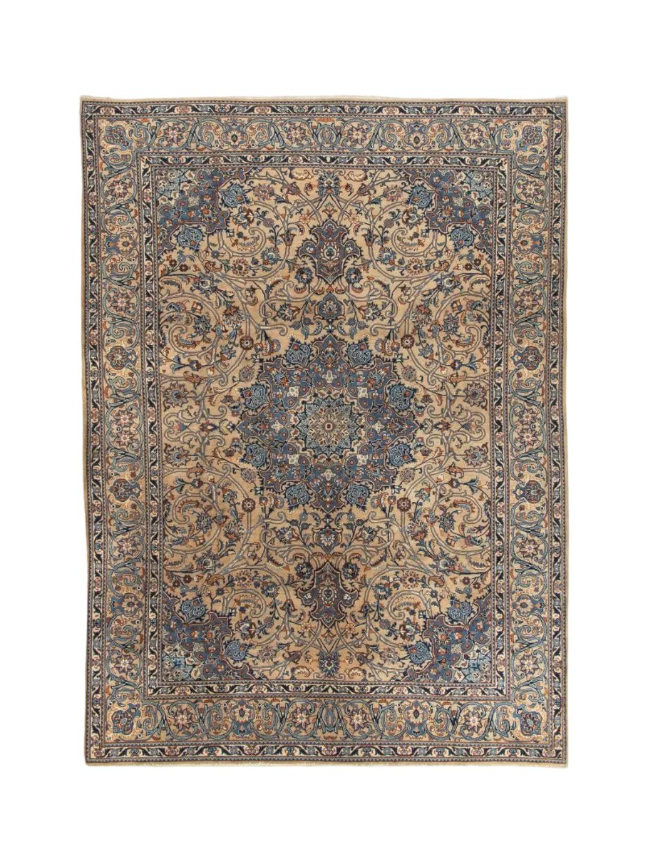 Full Persian-style rug in blue, beige, and orange with ornate central medallion border