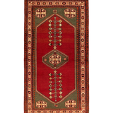 Rectangular Persian-style rug with red field, dark border, and geometric medallion motifs.