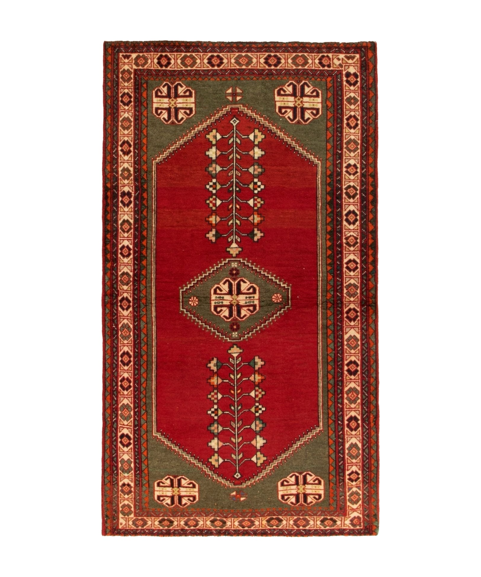 Rectangular Persian-style rug with red field, dark border, and geometric medallion motifs.