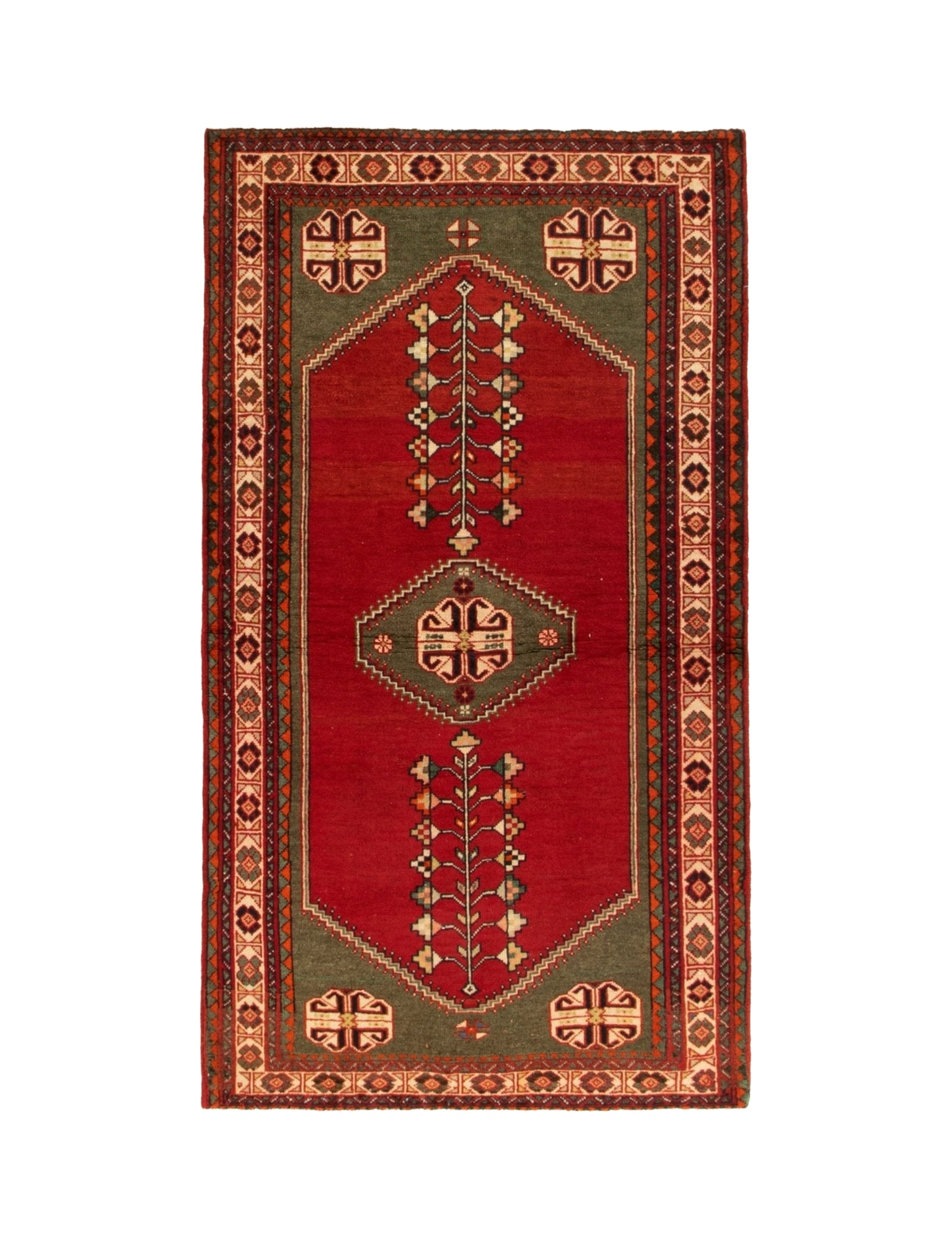 Rectangular Persian-style rug with red field, dark border, and geometric medallion motifs.