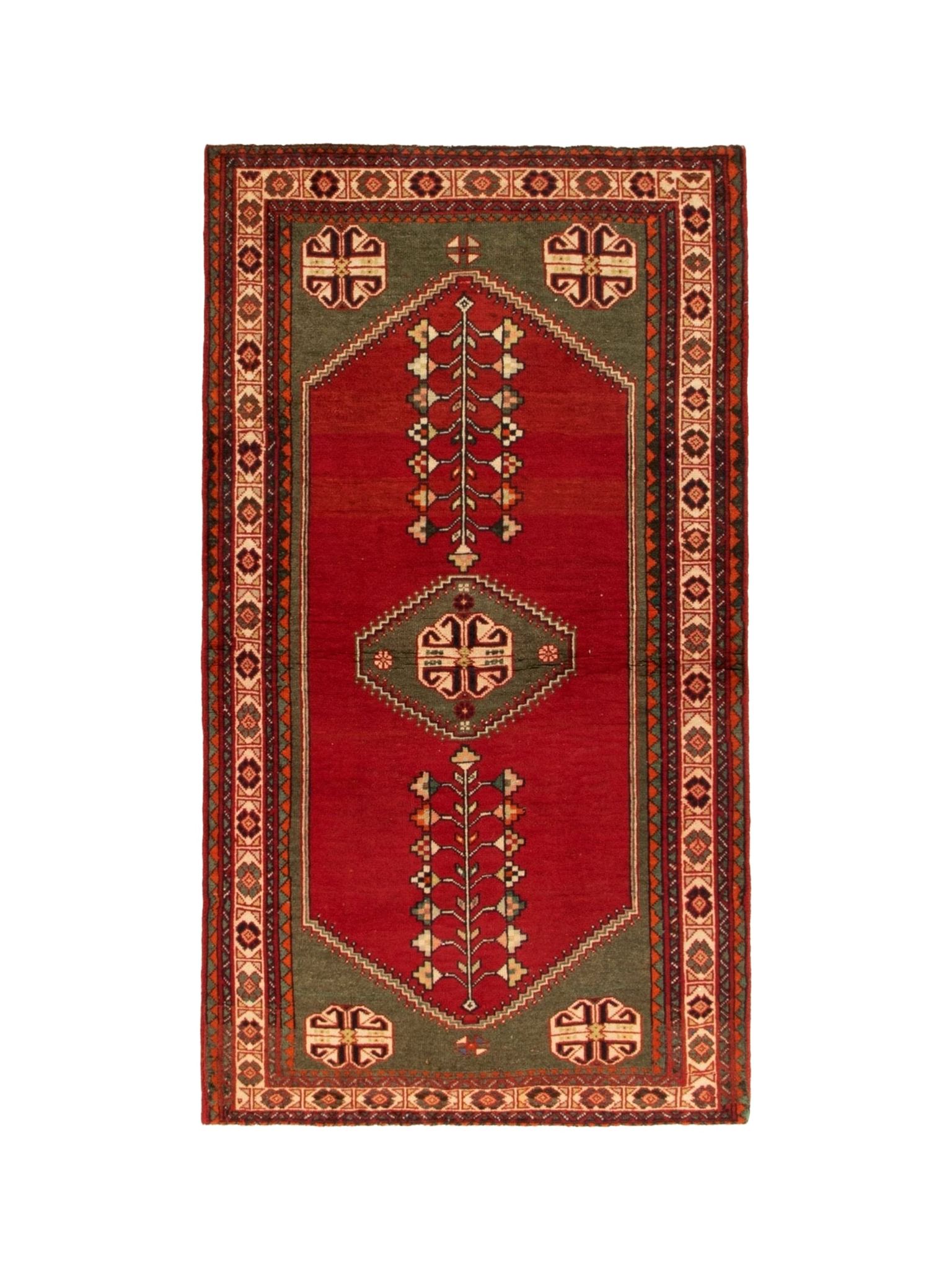 Rectangular Persian-style rug with red field, dark border, and geometric medallion motifs.