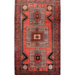 Persian Hamadan rug full view with red background and gray geometric framework
