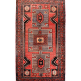 Persian Hamadan rug full view with red background and gray geometric framework