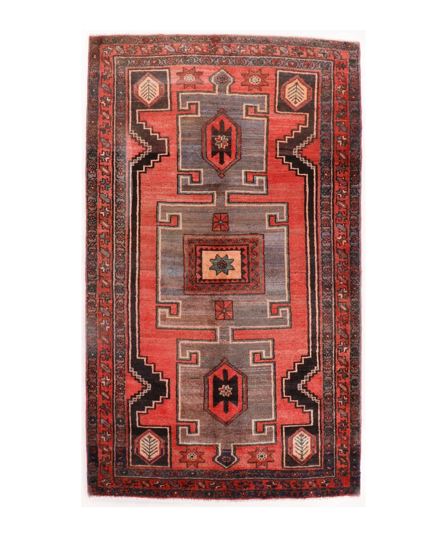 Persian Hamadan rug full view with red background and gray geometric framework