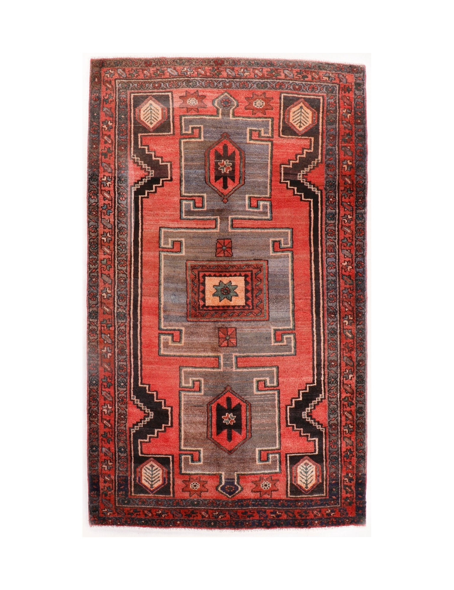 Persian Hamadan rug full view with red background and gray geometric framework