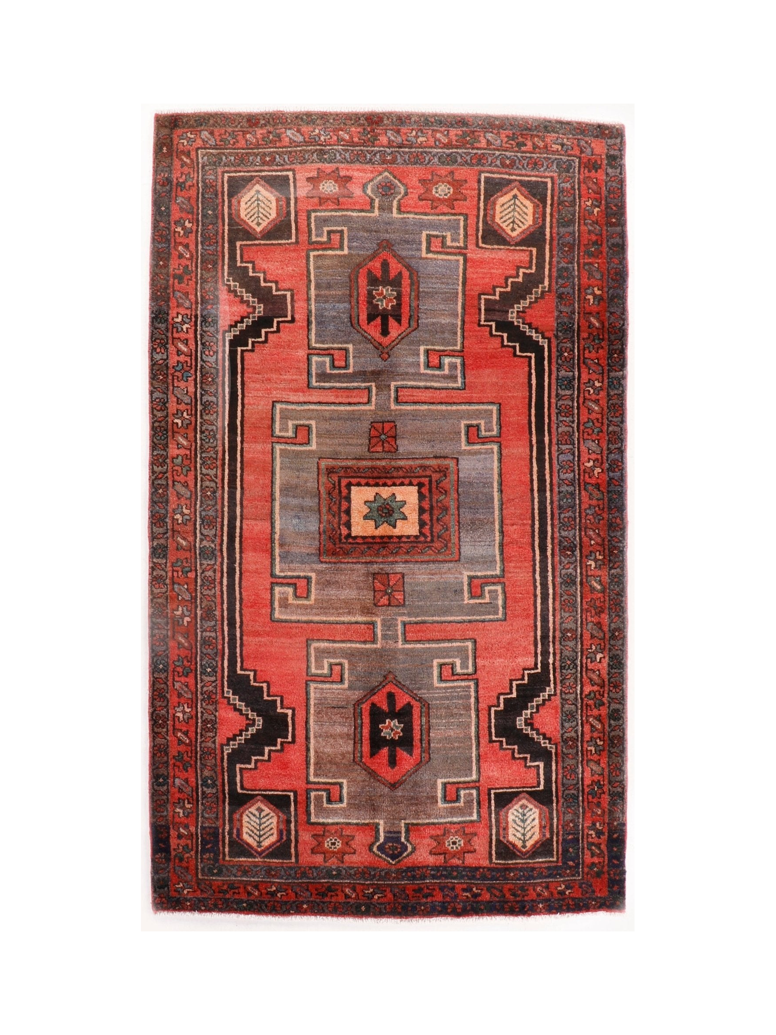 Persian Hamadan rug full view with red background and gray geometric framework