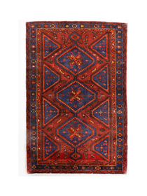 Persian Hamadan rug with red center medallion, navy corners, and patterned border