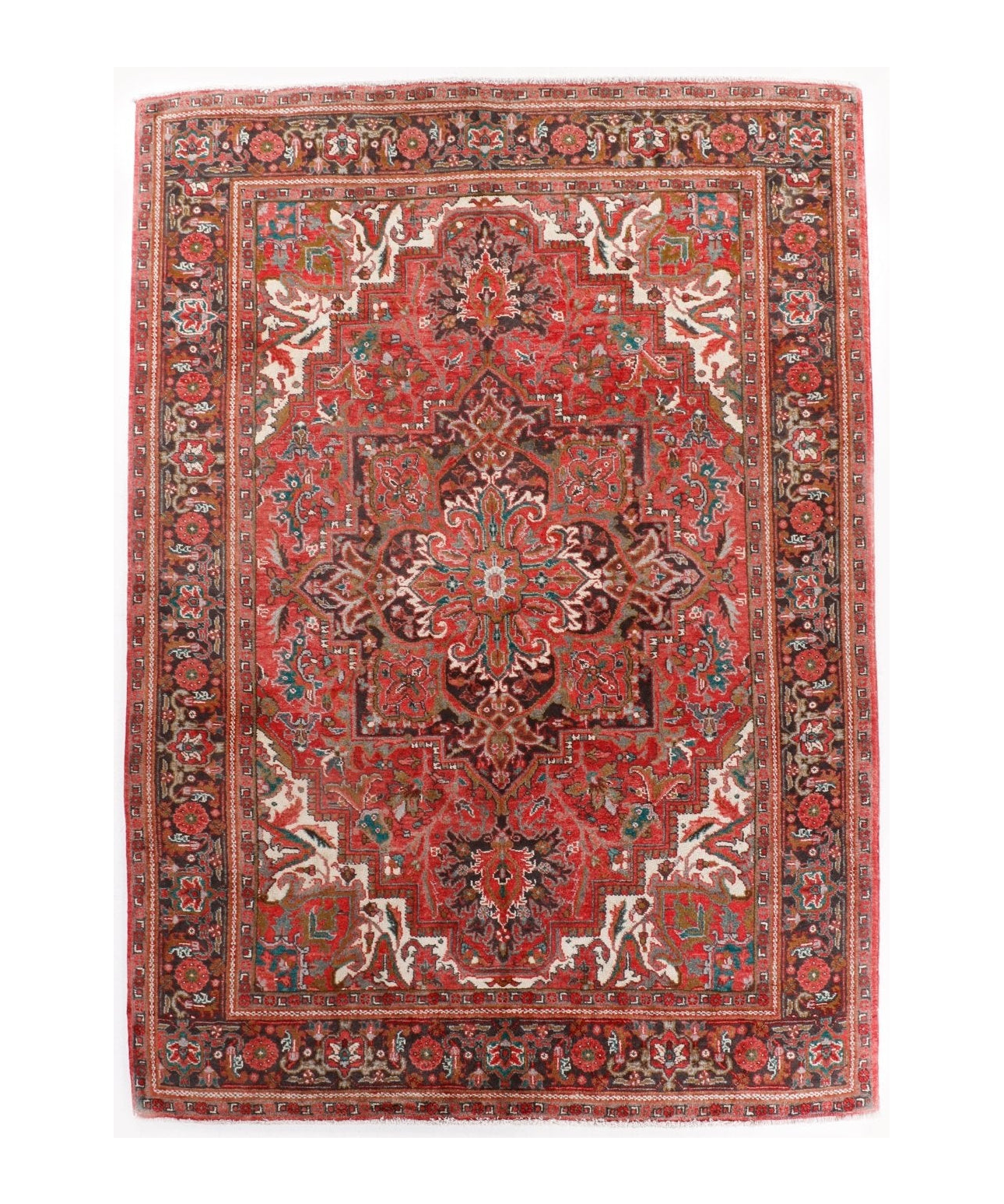 Persian Heriz rug with red medallion center, teal and cream details, ornate border.