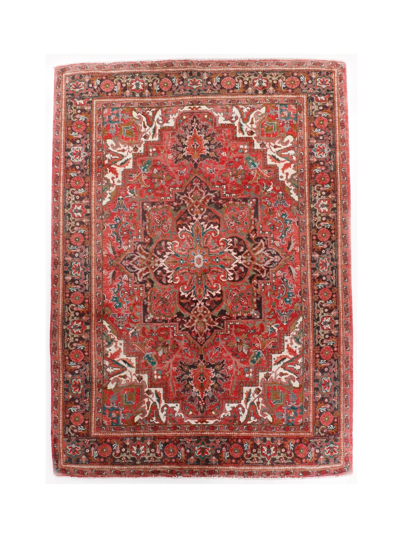 Persian Heriz rug with red medallion center, teal and cream details, ornate border.