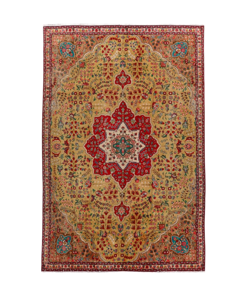Persian Tabriz style rug with cream base, red center medallion, teal accents, border details.