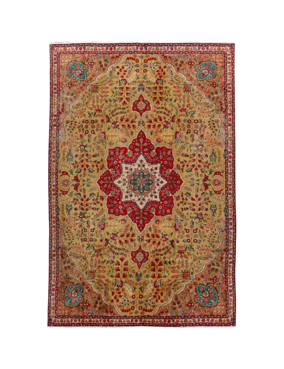 Persian Tabriz style rug with cream base, red center medallion, teal accents, border details.