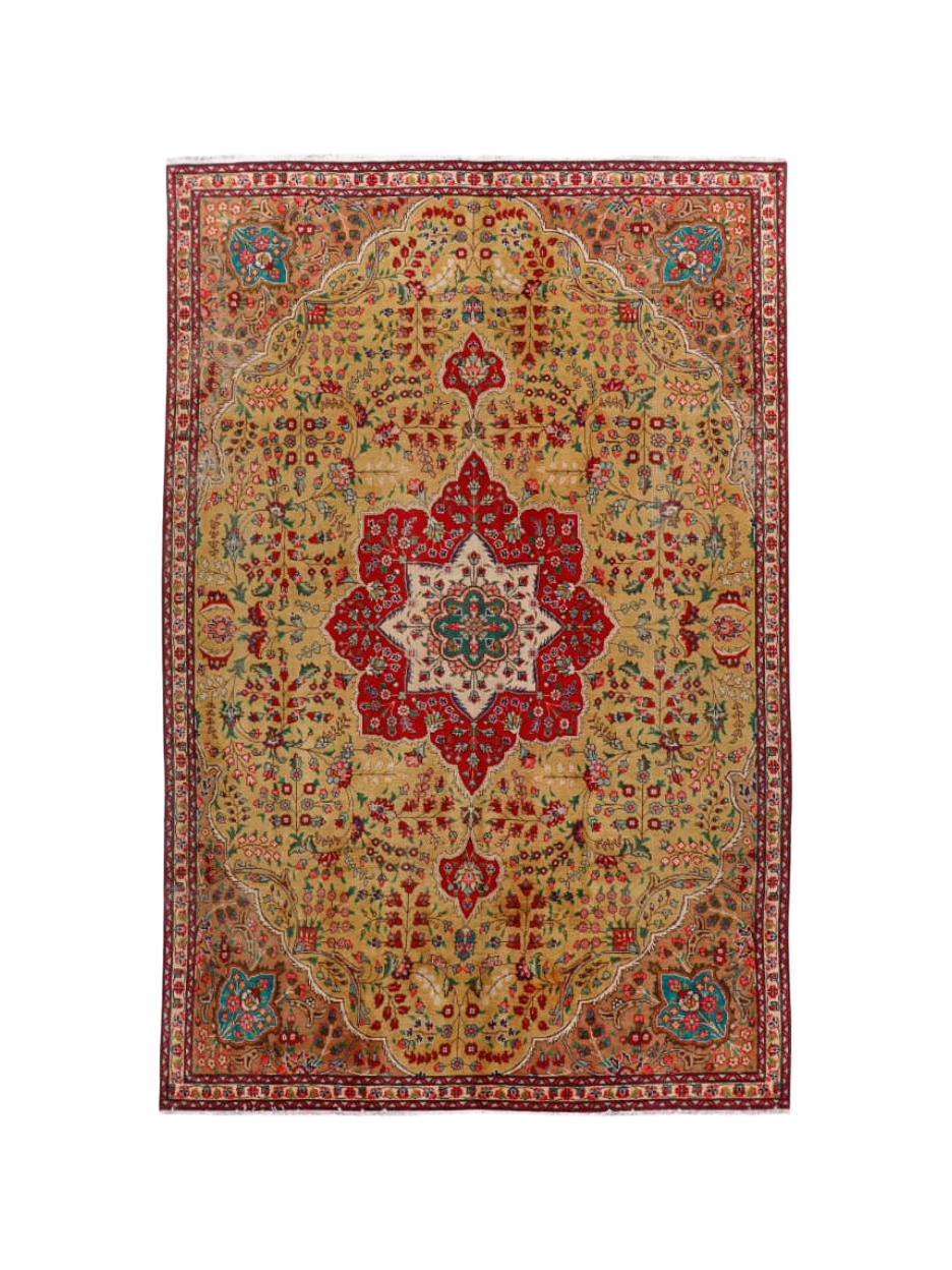 Persian Tabriz style rug with cream base, red center medallion, teal accents, border details.