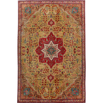 Persian Tabriz style rug with cream base, red center medallion, teal accents, border details.