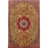 Persian Tabriz style rug with cream base, red center medallion, teal accents, border details.