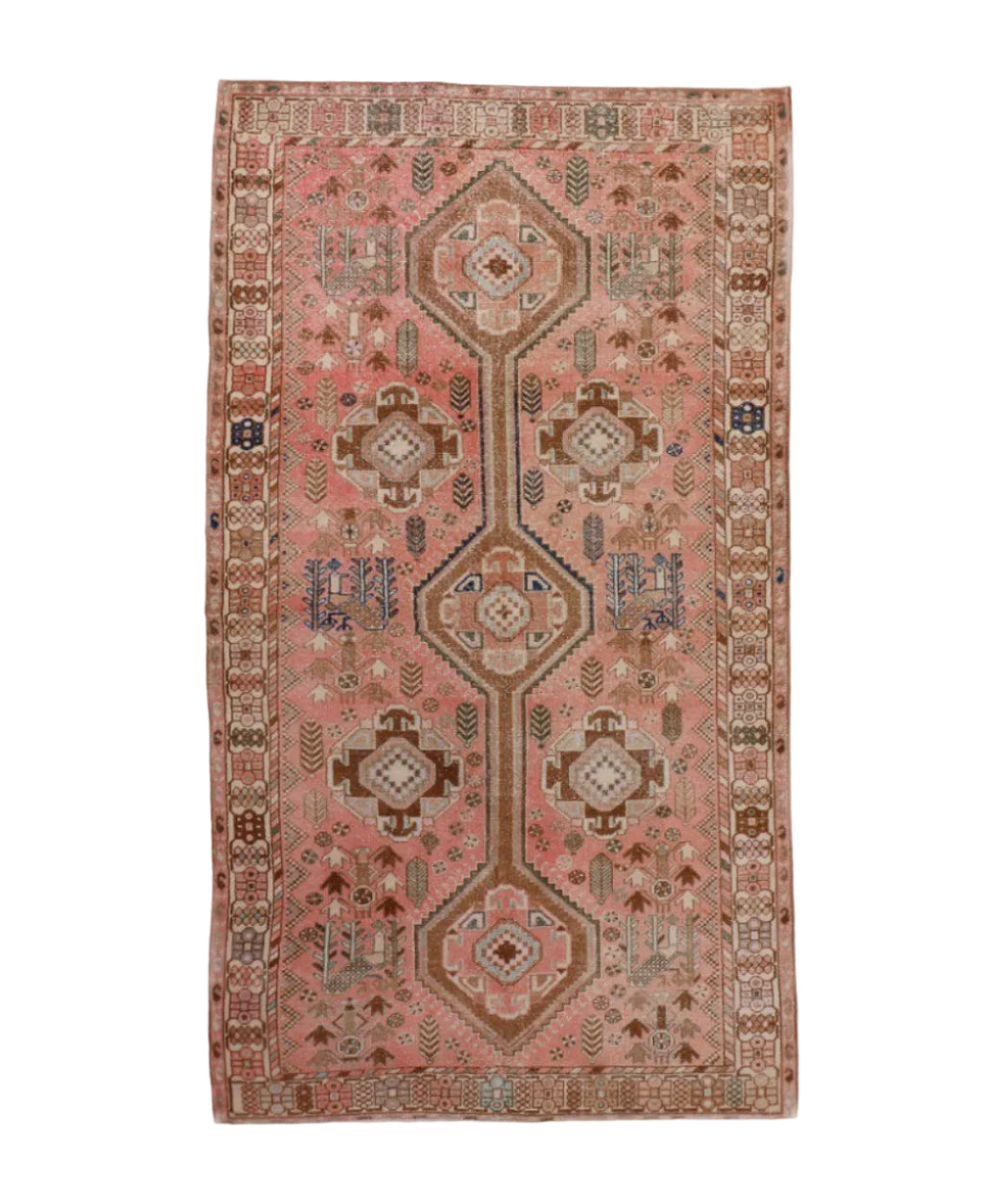 Persian Mahal rug with pink and tan geometric medallion design, full view