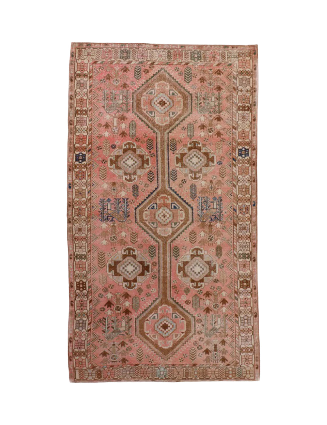 Persian Mahal rug with pink and tan geometric medallion design, full view