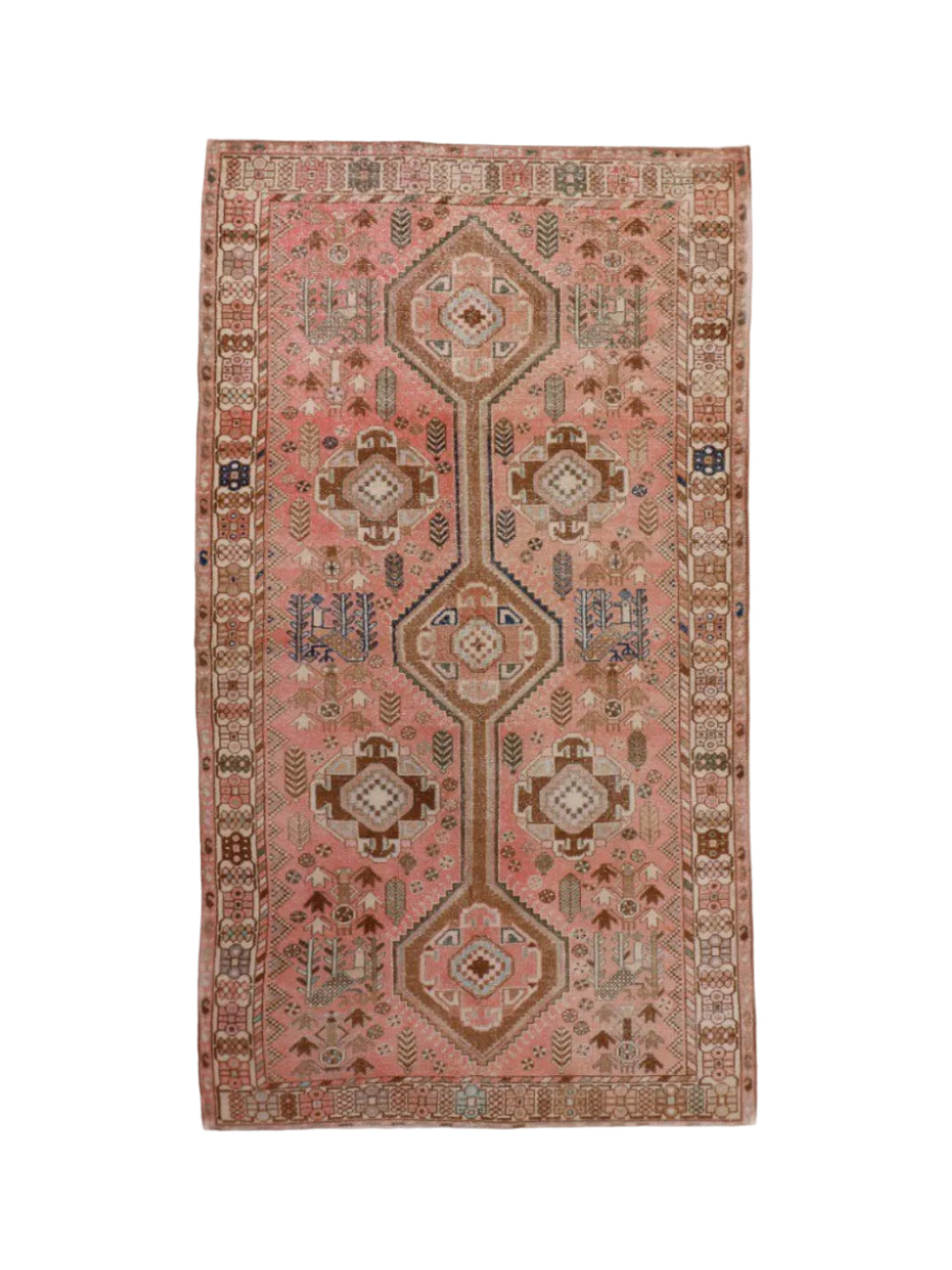 Persian Mahal rug with pink and tan geometric medallion design, full view