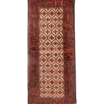 Persian rug with beige center medallions, terracotta border, navy and rust geometric motifs