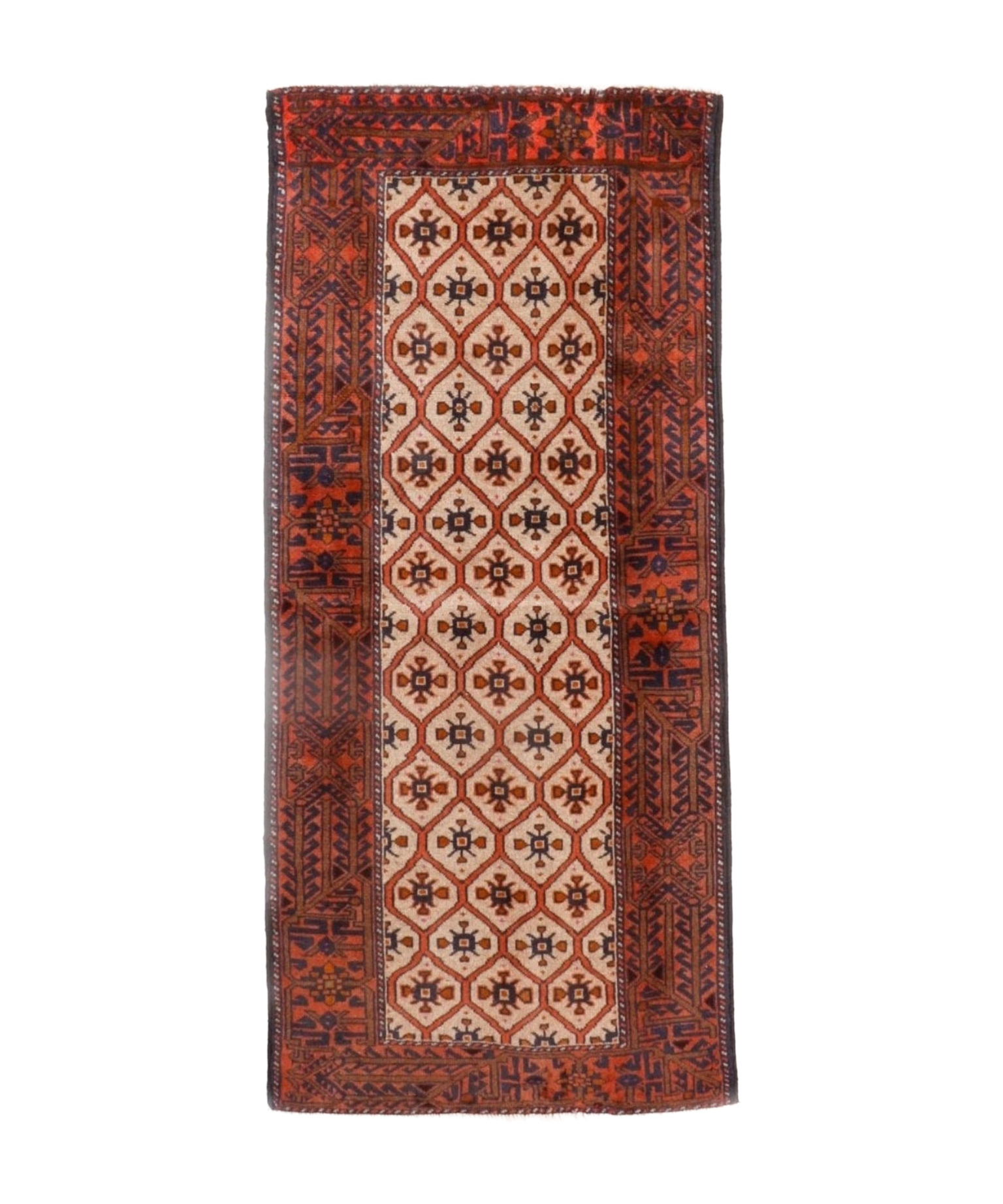 Persian rug with beige center medallions, terracotta border, navy and rust geometric motifs