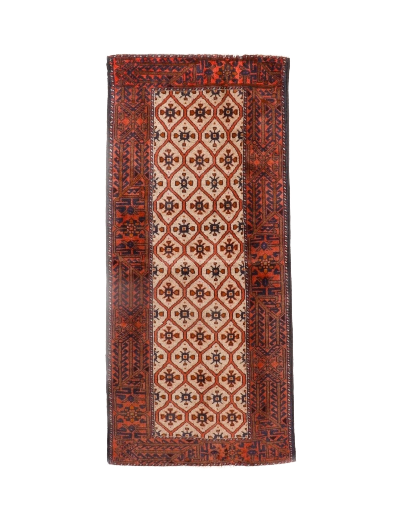 Persian rug with beige center medallions, terracotta border, navy and rust geometric motifs
