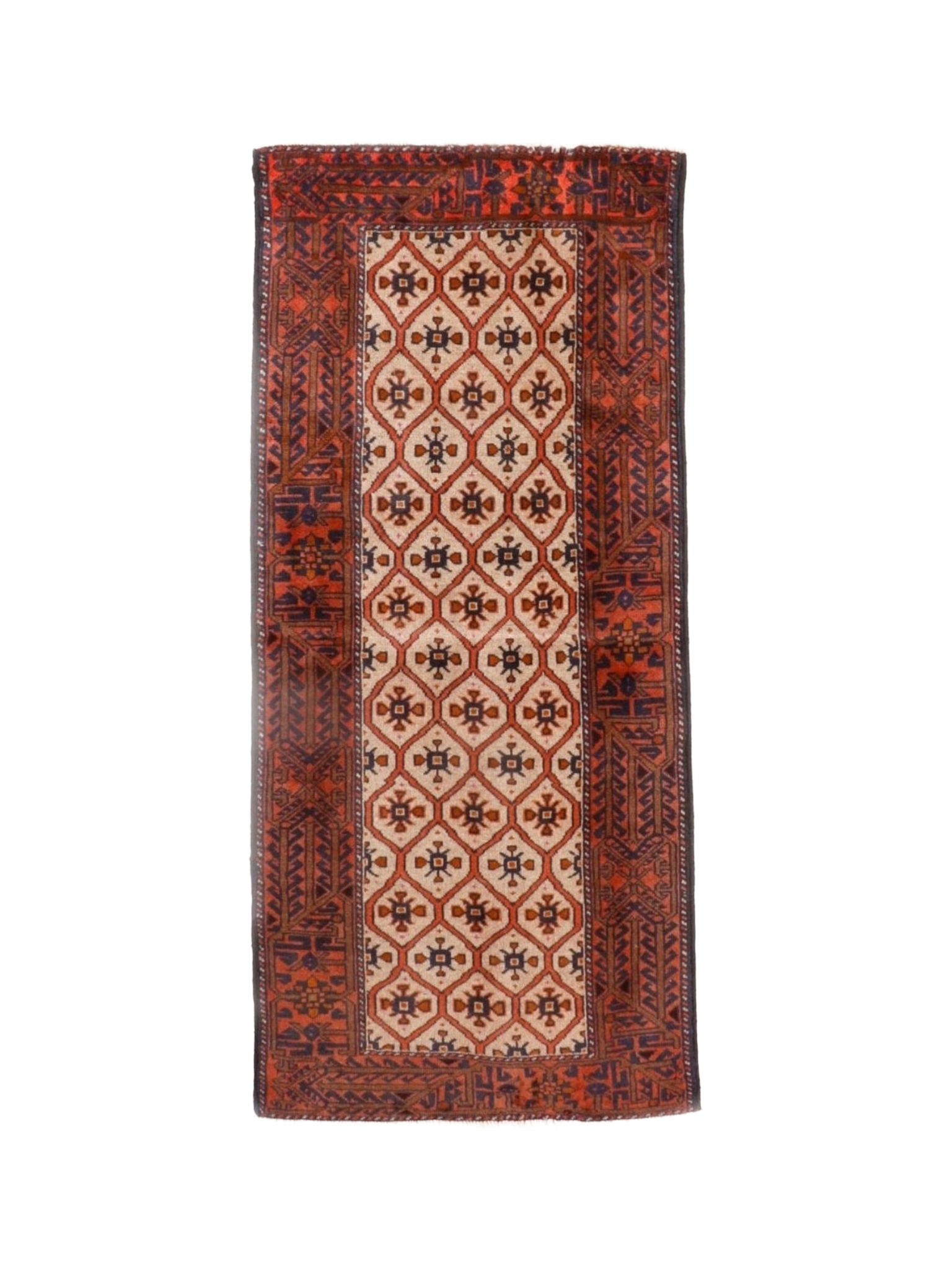 Persian rug with beige center medallions, terracotta border, navy and rust geometric motifs