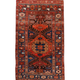 Persian Qoltuq area rug with red and navy geometric medallion border