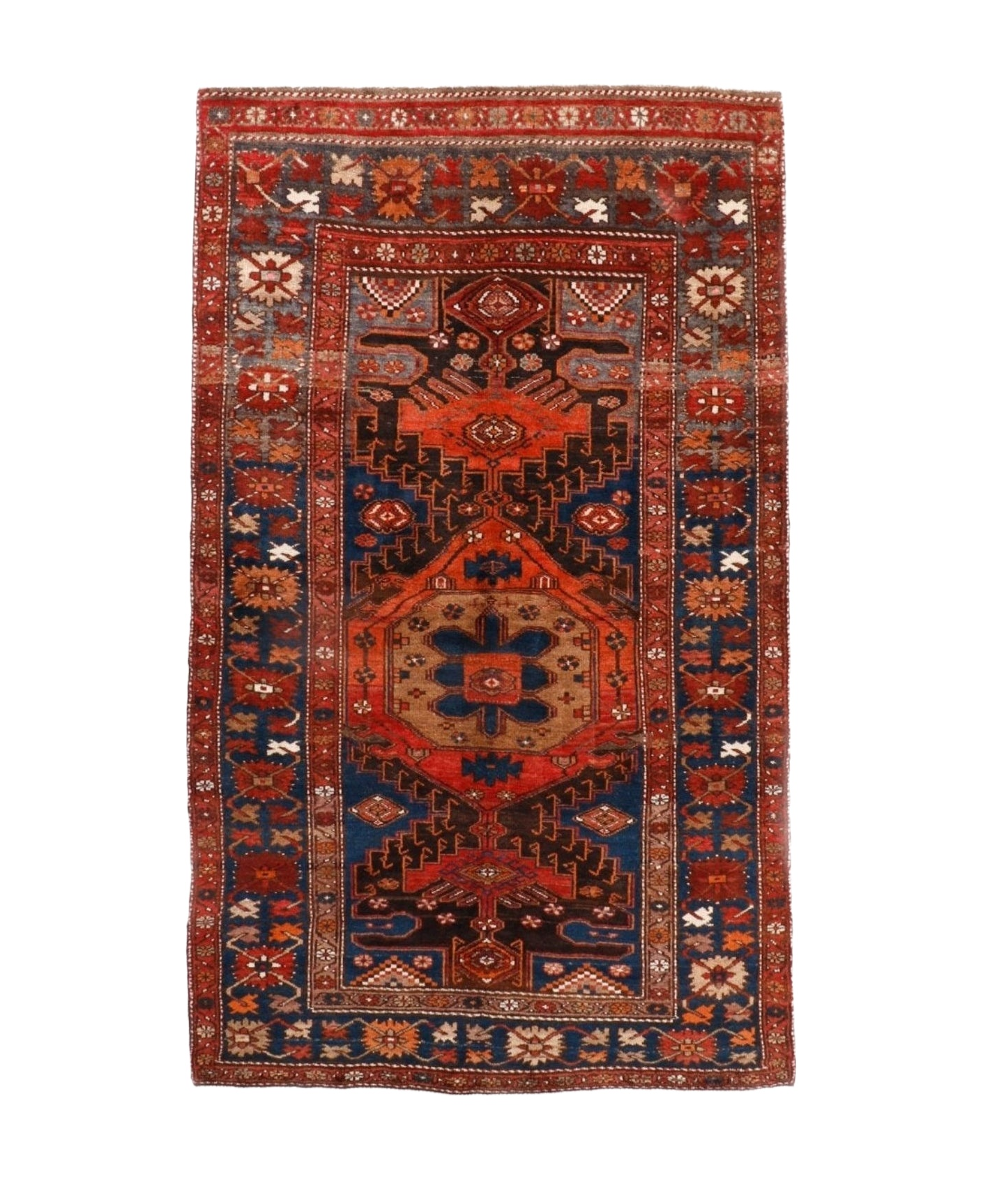 Persian Qoltuq area rug with red and navy geometric medallion border