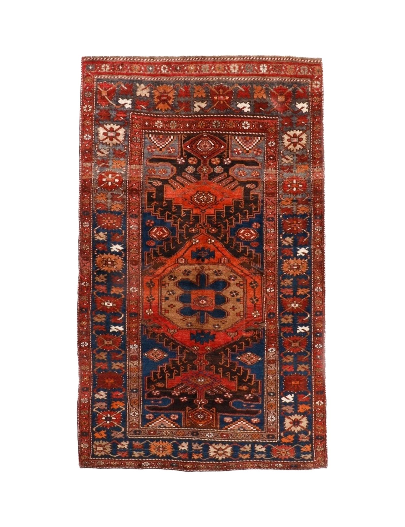 Persian Qoltuq area rug with red and navy geometric medallion border