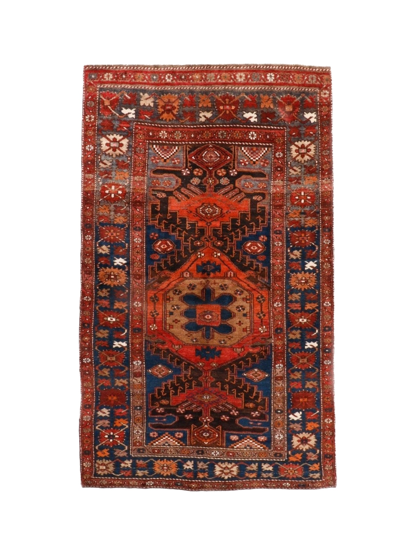 Persian Qoltuq area rug with red and navy geometric medallion border