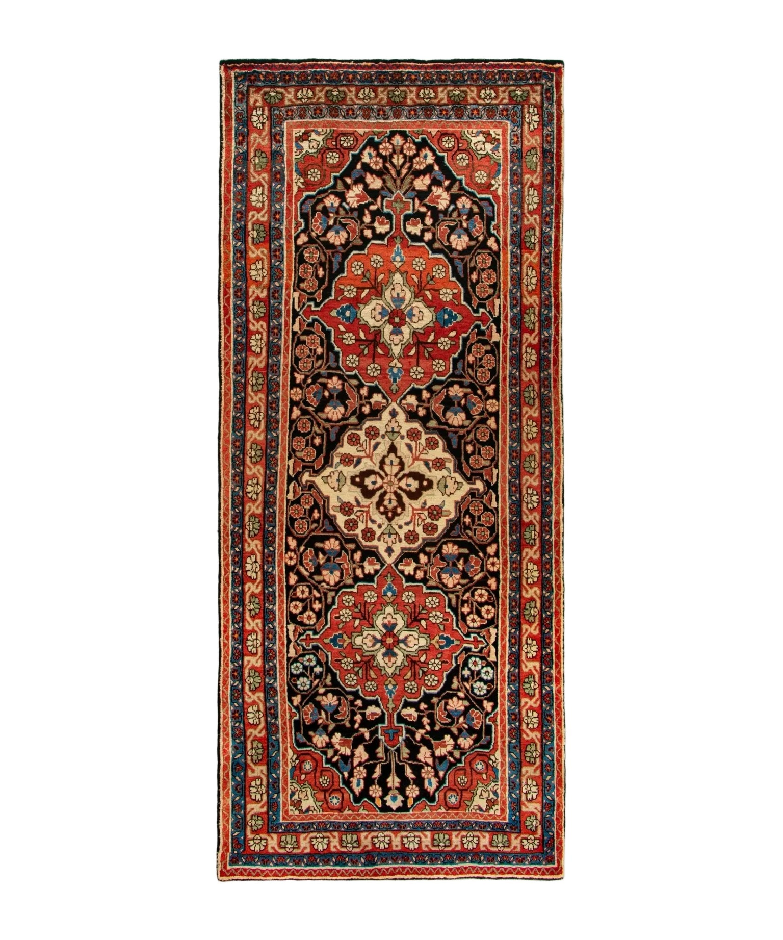 Persian Mahal runner rug with central medallion and red navy border