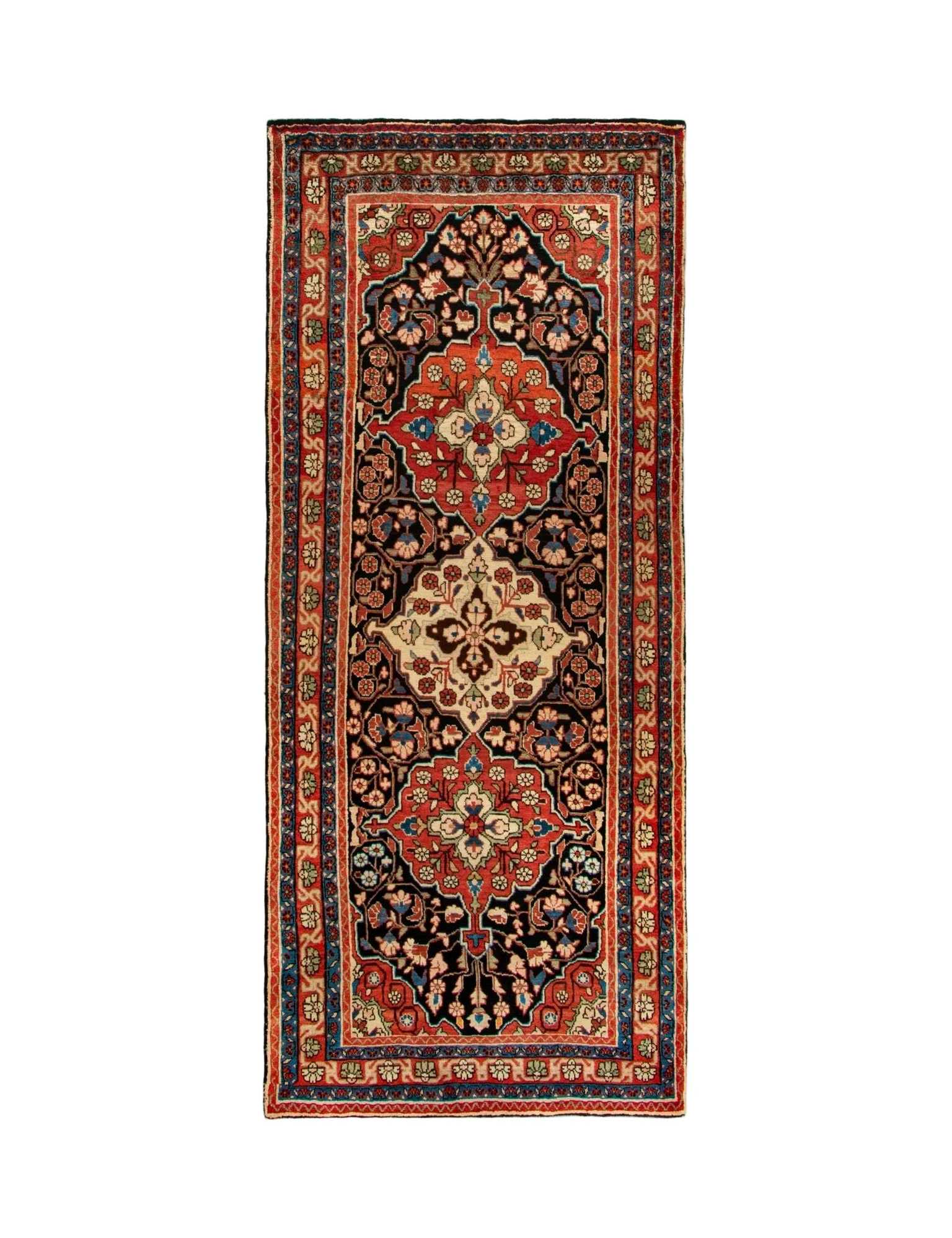 Persian Mahal runner rug with central medallion and red navy border