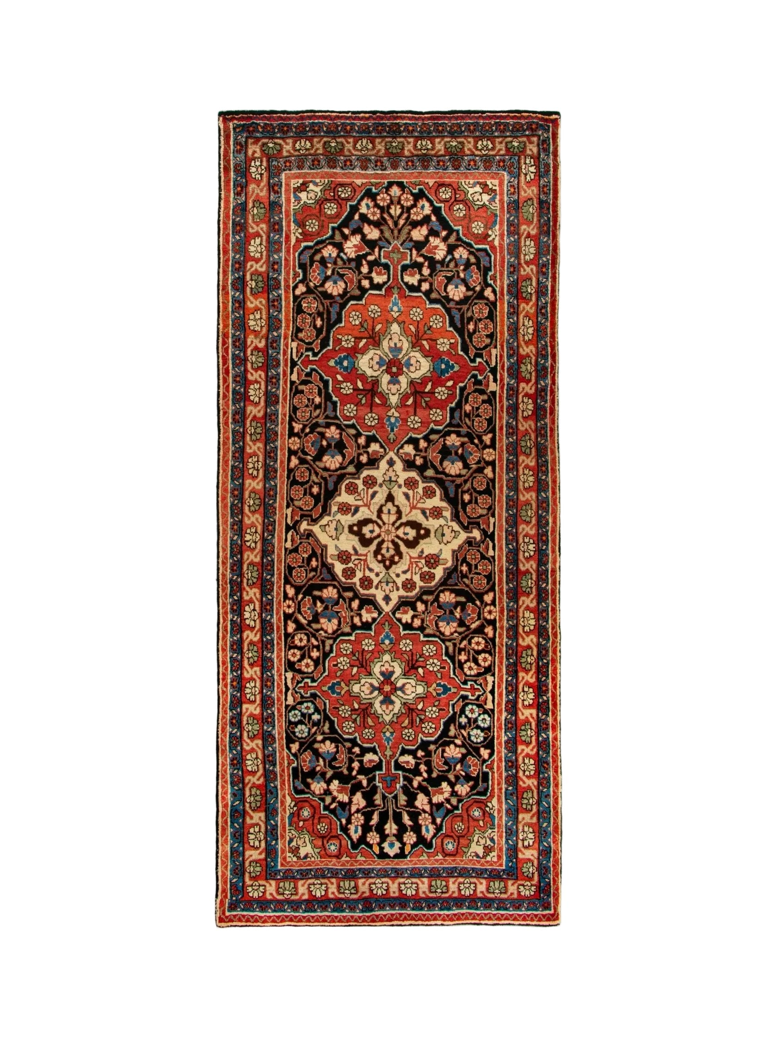Persian Mahal runner rug with central medallion and red navy border