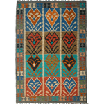 Afghan Maimana kilim rug with geometric diamond motifs in teal, orange, blue, and beige
