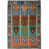 Afghan Maimana kilim rug with geometric diamond motifs in teal, orange, blue, and beige