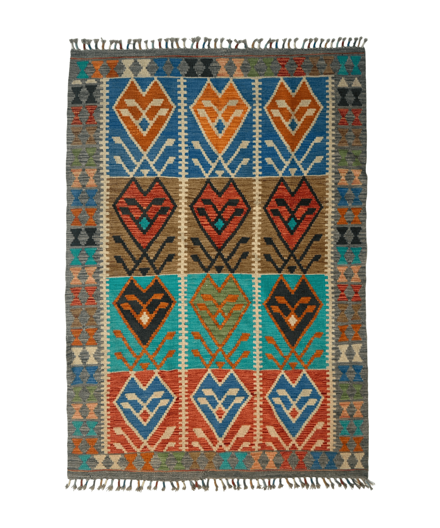 Afghan Maimana kilim rug with geometric diamond motifs in teal, orange, blue, and beige