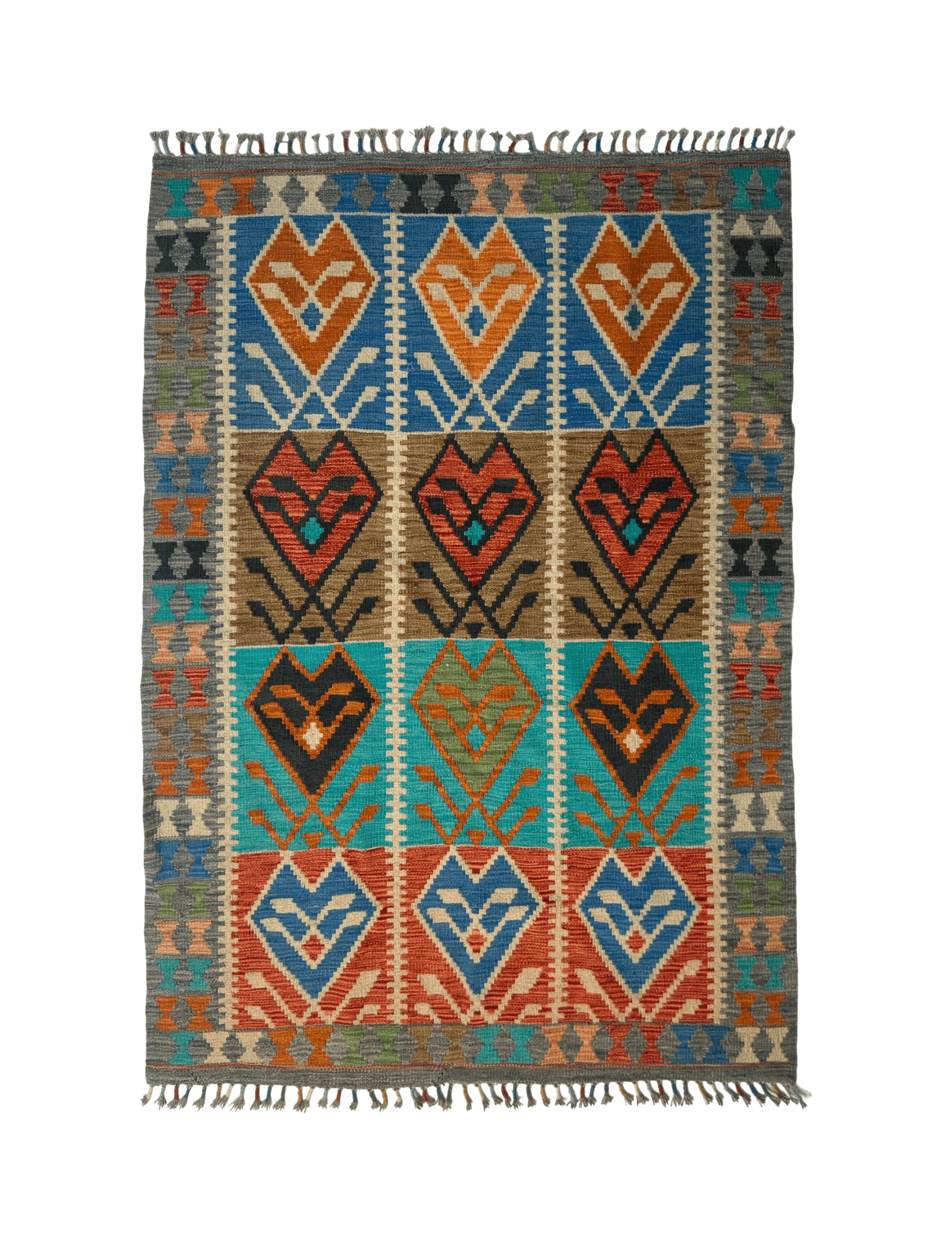 Afghan Maimana kilim rug with geometric diamond motifs in teal, orange, blue, and beige
