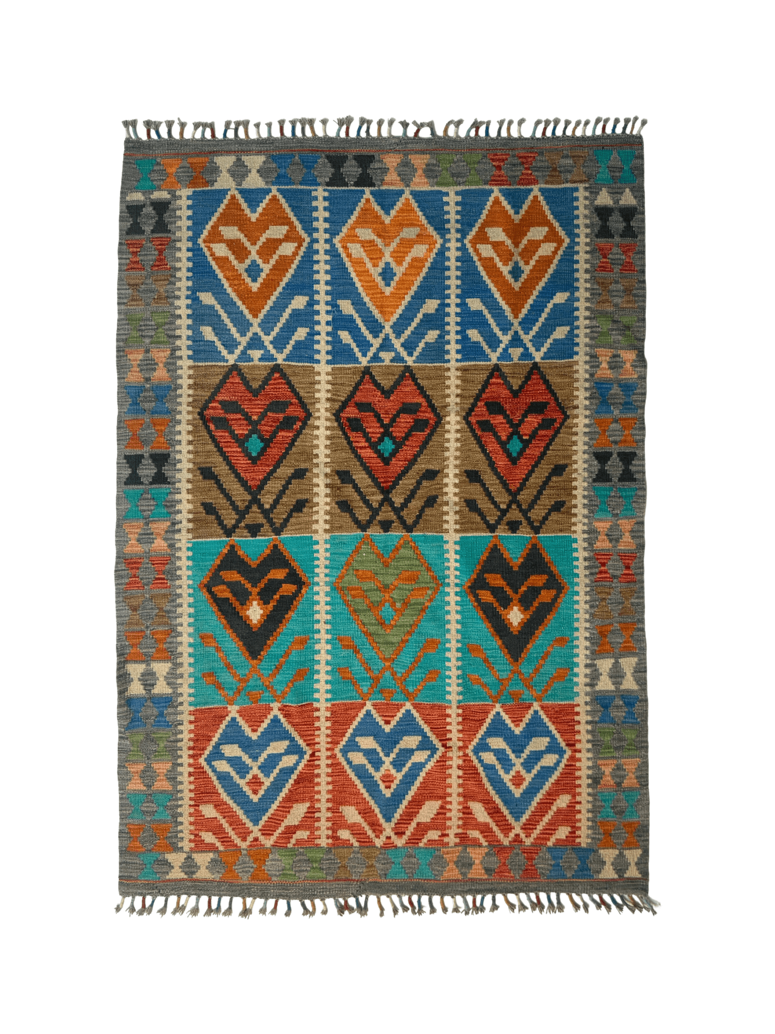 Afghan Maimana kilim rug with geometric diamond motifs in teal, orange, blue, and beige