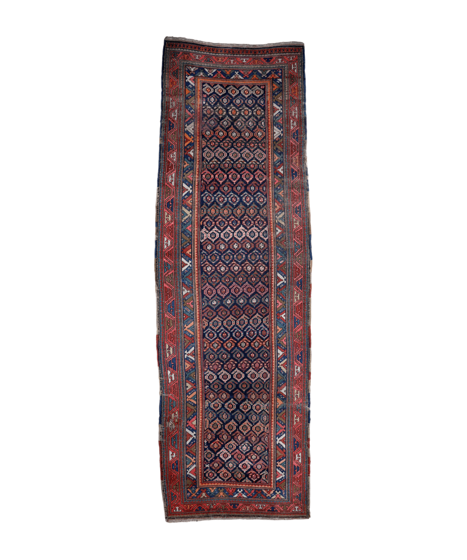 Navy blue runner rug with red and tan geometric borders, rectangular traditional pattern