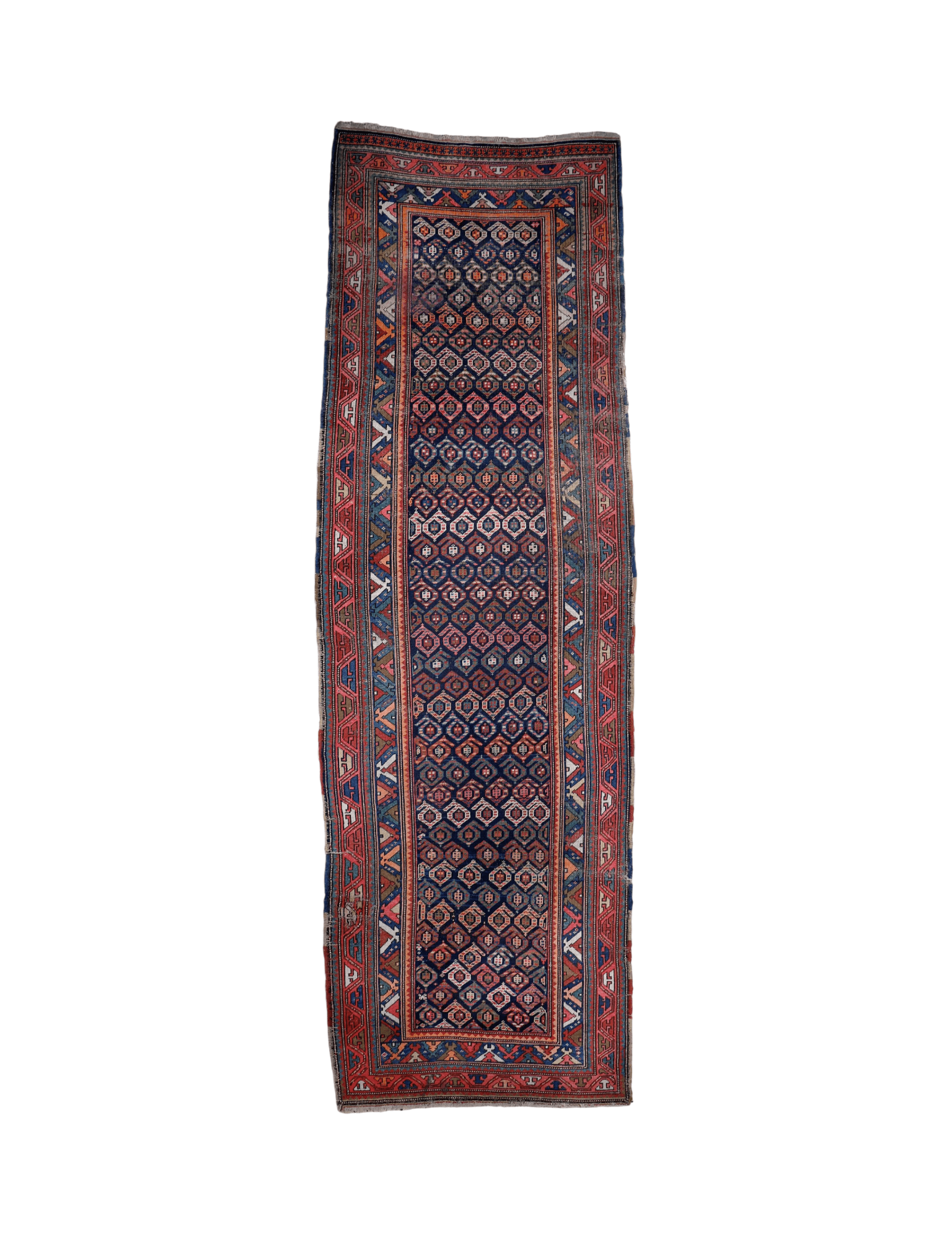 Navy blue runner rug with red and tan geometric borders, rectangular traditional pattern