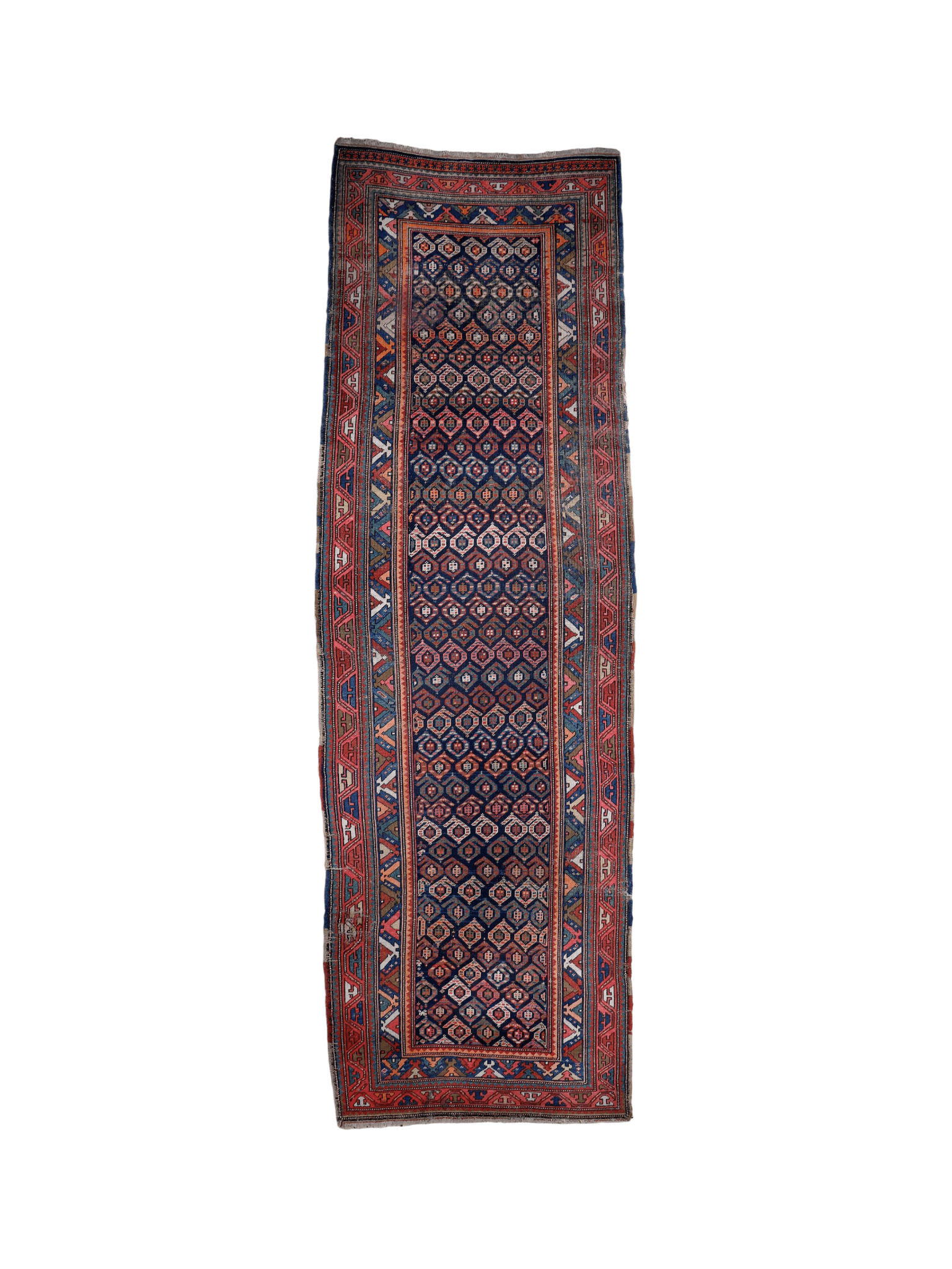 Navy blue runner rug with red and tan geometric borders, rectangular traditional pattern